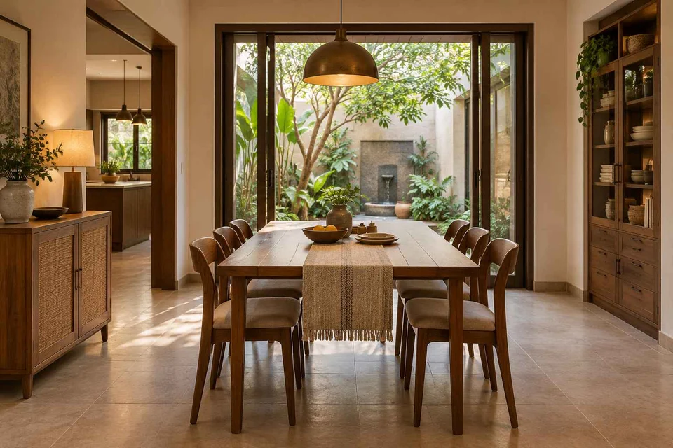 AI-generated dining-room concept: courtyard-facing dining, weekend craft-to-meal reset direction