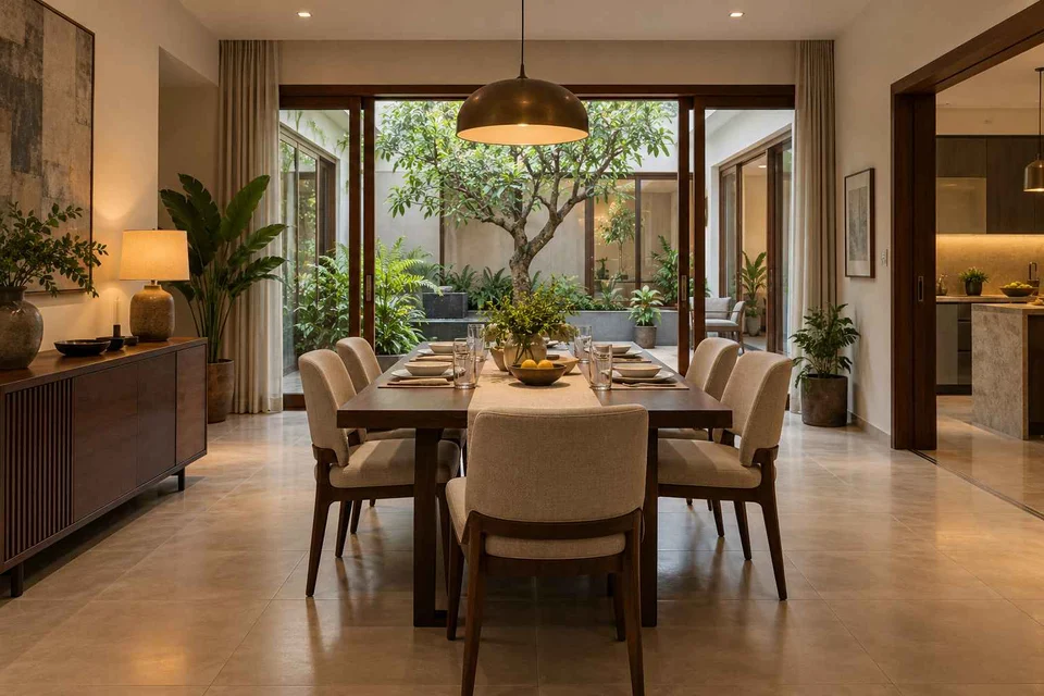 AI-generated dining-room concept: courtyard-facing dining, weeknight compact hosting direction