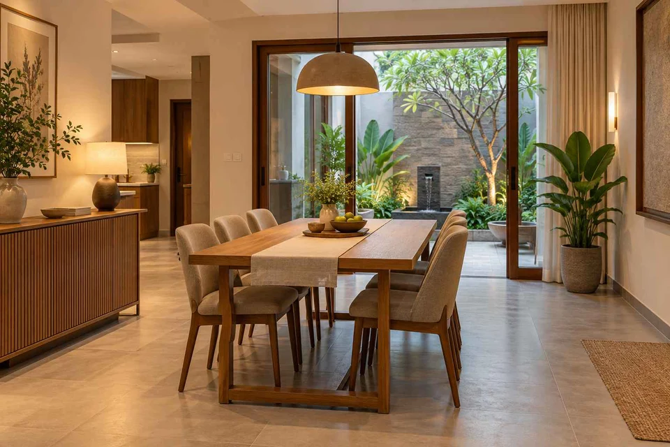 AI-generated dining-room concept: courtyard-facing dining, work-from-home reset direction
