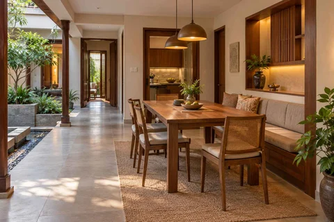 AI-generated dining-room concept: courtyard-passage dining, adaptable everyday dining direction