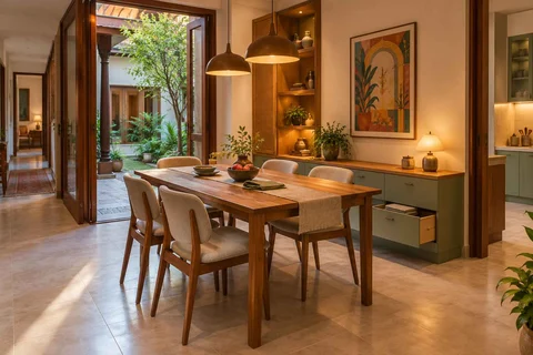 AI-generated dining-room concept: courtyard-passage dining, board-game supper direction