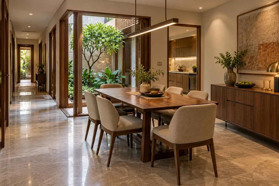 AI-generated dining-room concept: courtyard-passage dining, buffet-side gathering direction