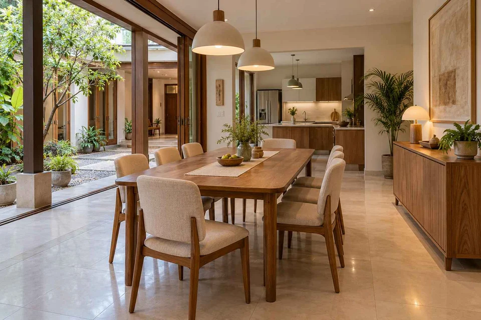 AI-generated dining-room concept: courtyard-passage dining, children's everyday meals direction