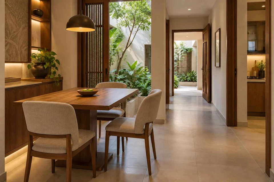 AI-generated dining-room concept: courtyard-passage dining, clear-table daily reset direction