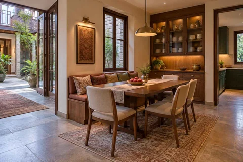 AI-generated dining-room concept: courtyard-passage dining, cool-season family table direction