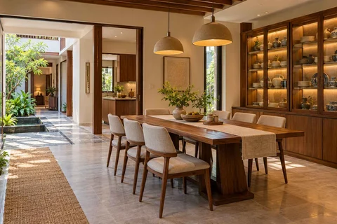 AI-generated dining-room concept: courtyard-passage dining, crockery collection display direction