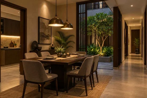 AI-generated dining-room concept: courtyard-passage dining, evening candleless dinner direction