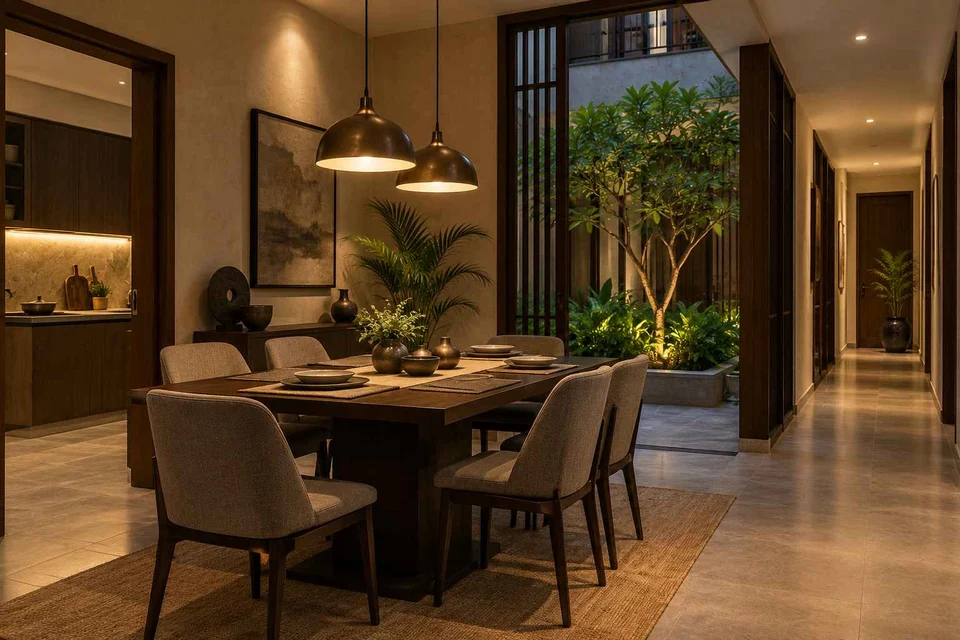 AI-generated dining-room concept: courtyard-passage dining, evening candleless dinner direction