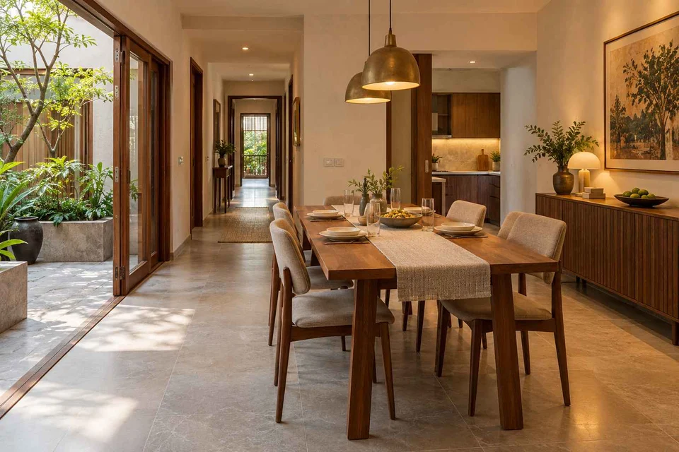 AI-generated dining-room concept: courtyard-passage dining, everyday family supper direction