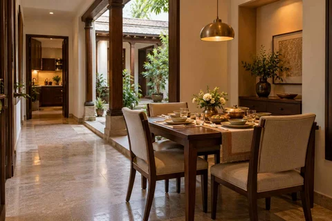 AI-generated dining-room concept: courtyard-passage dining, festival meal preparation direction