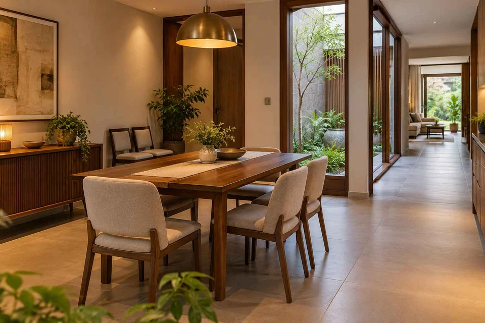 AI-generated dining-room concept: courtyard-passage dining, flexible extra seats direction