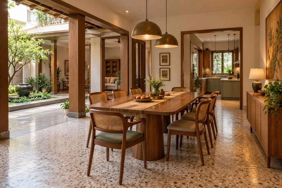 AI-generated dining-room concept: courtyard-passage dining, grandparents and grandchildren direction