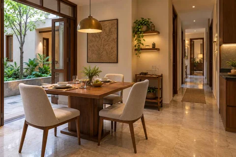 AI-generated dining-room concept: courtyard-passage dining, guest welcome meal direction