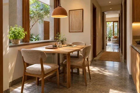 AI-generated dining-room concept: courtyard-passage dining, homegrown herb table direction