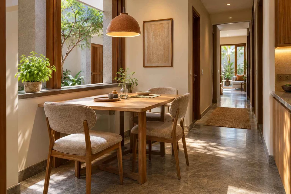 AI-generated dining-room concept: courtyard-passage dining, homegrown herb table direction