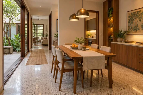 AI-generated dining-room concept: courtyard-passage dining, homework-to-dinner transition direction