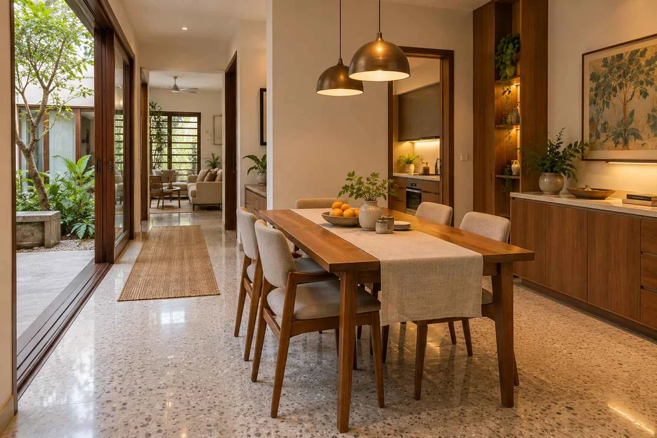 AI-generated dining-room concept: courtyard-passage dining, homework-to-dinner transition direction
