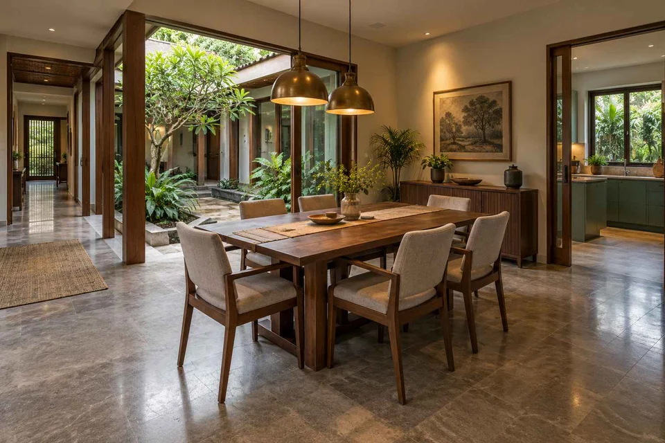 AI-generated dining-room concept: courtyard-passage dining, monsoon lunch light direction