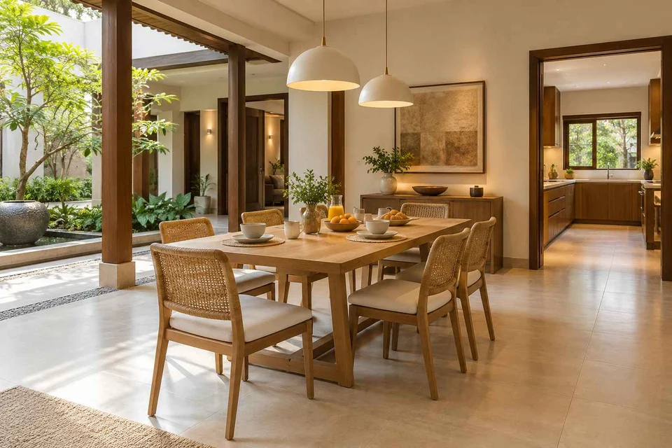 AI-generated dining-room concept: courtyard-passage dining, morning breakfast rhythm direction