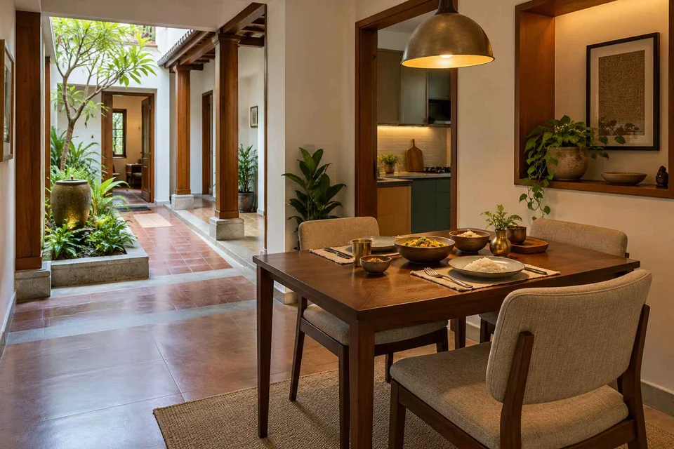 AI-generated dining-room concept: courtyard-passage dining, serving bowl sharing direction