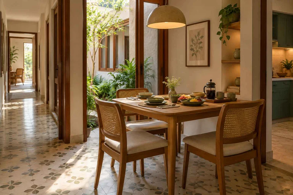 AI-generated dining-room concept: courtyard-passage dining, slow weekend brunch direction