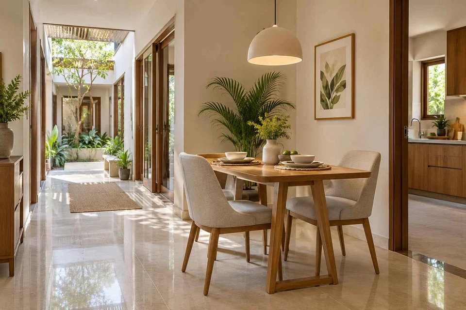 AI-generated dining-room concept: courtyard-passage dining, summer-airiness dining direction