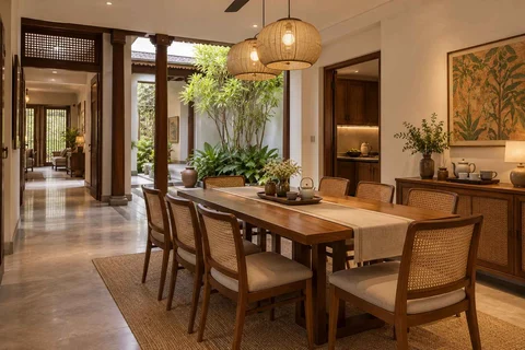 AI-generated dining-room concept: courtyard-passage dining, tea with friends direction