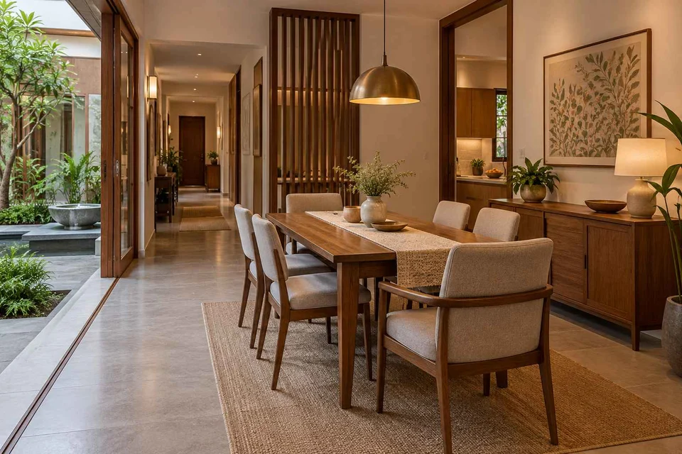 AI-generated dining-room concept: courtyard-passage dining, visiting-parents meal direction