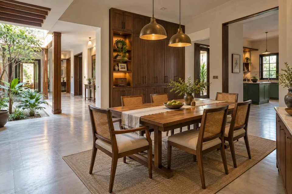 AI-generated dining-room concept: courtyard-passage dining, weekend craft-to-meal reset direction