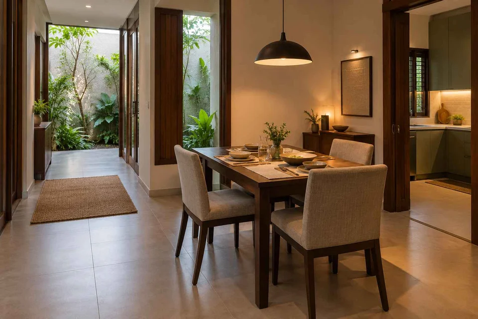 AI-generated dining-room concept: courtyard-passage dining, weeknight compact hosting direction