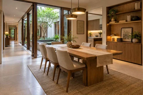 AI-generated dining-room concept: courtyard-passage dining, work-from-home reset direction