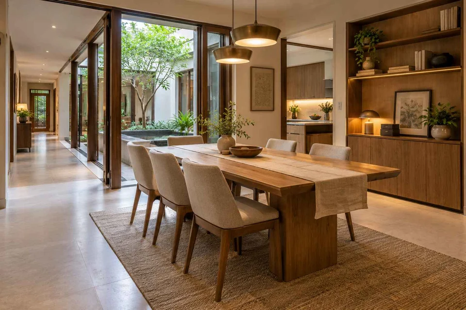 AI-generated dining-room concept: courtyard-passage dining, work-from-home reset direction