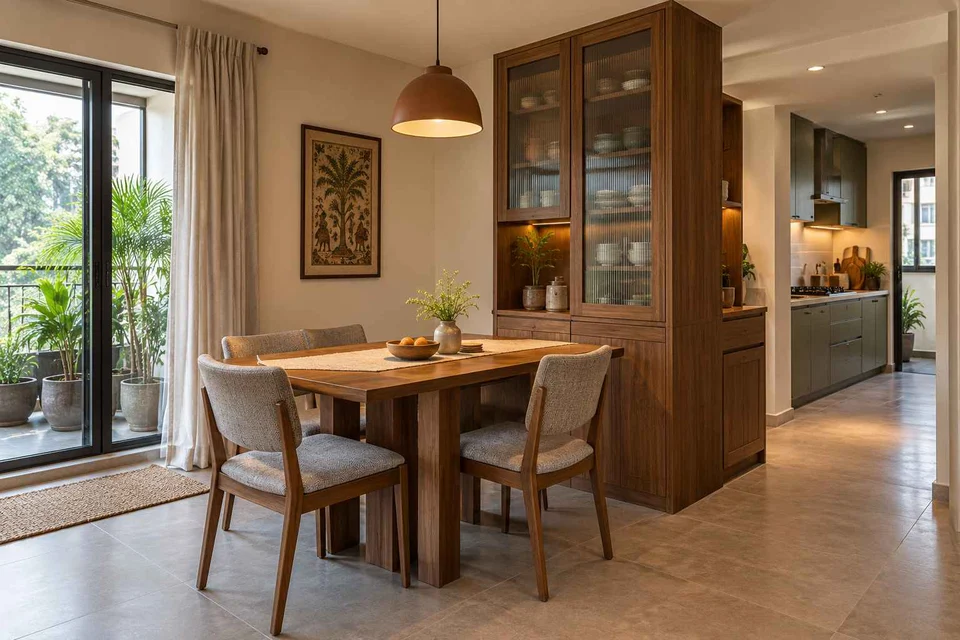 AI-generated dining-room concept: cupboard-spine dining, adaptable everyday dining direction