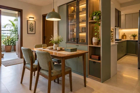 AI-generated dining-room concept: cupboard-spine dining, board-game supper direction