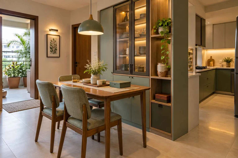 AI-generated dining-room concept: cupboard-spine dining, board-game supper direction