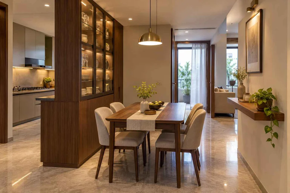 AI-generated dining-room concept: cupboard-spine dining, buffet-side gathering direction