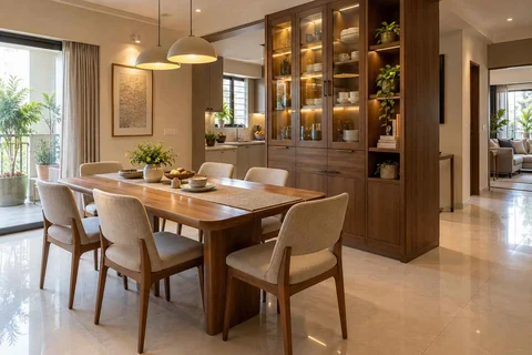 AI-generated dining-room concept: cupboard-spine dining, children's everyday meals direction