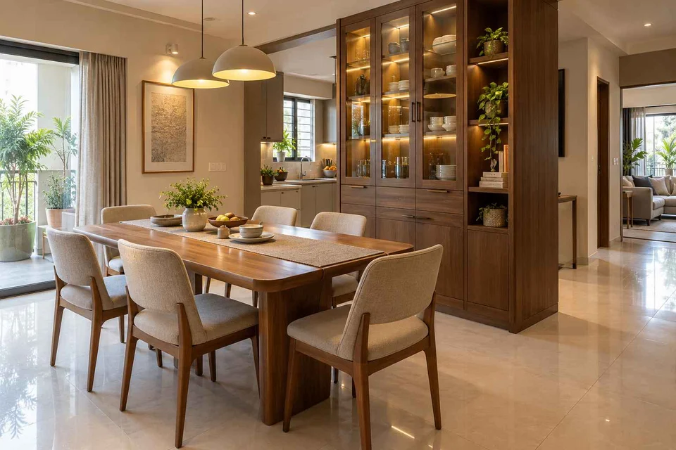 AI-generated dining-room concept: cupboard-spine dining, children's everyday meals direction