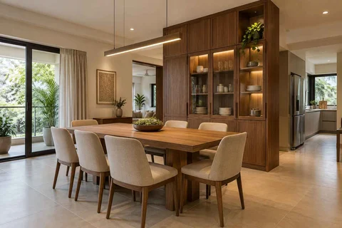AI-generated dining-room concept: cupboard-spine dining, clear-table daily reset direction