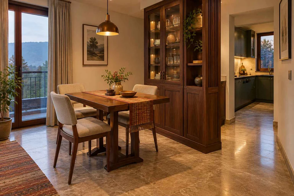 AI-generated dining-room concept: cupboard-spine dining, cool-season family table direction