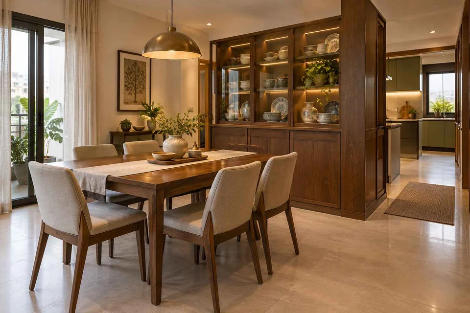 AI-generated dining-room concept: cupboard-spine dining, crockery collection display direction