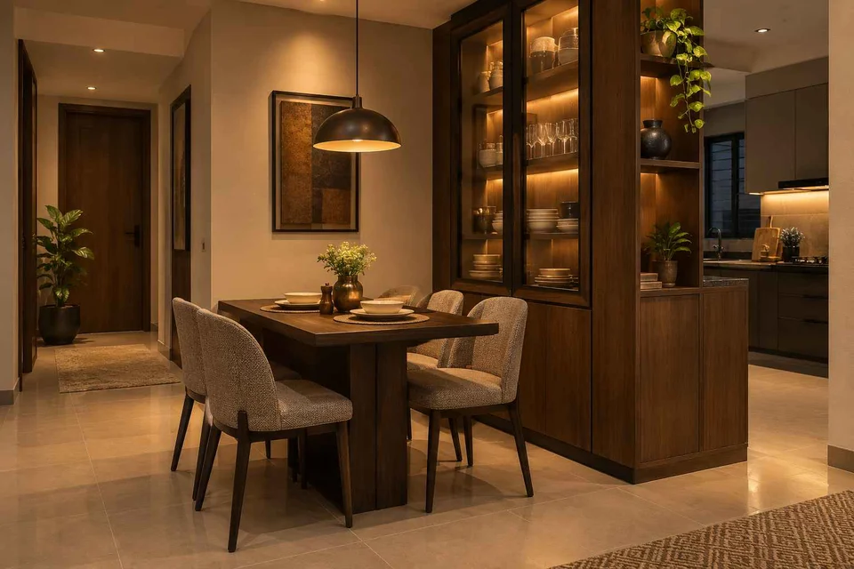 AI-generated dining-room concept: cupboard-spine dining, evening candleless dinner direction