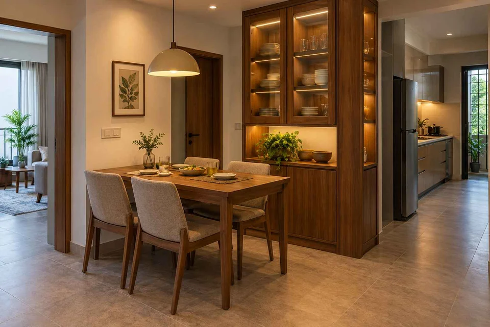 AI-generated dining-room concept: cupboard-spine dining, everyday family supper direction