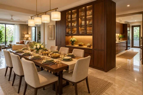 AI-generated dining-room concept: cupboard-spine dining, festival meal preparation direction