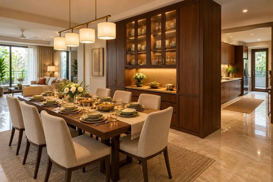 AI-generated dining-room concept: cupboard-spine dining, festival meal preparation direction