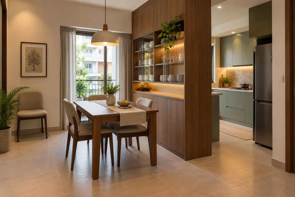 AI-generated dining-room concept: cupboard-spine dining, flexible extra seats direction