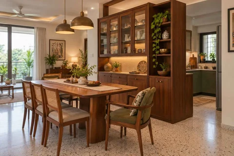 AI-generated dining-room concept: cupboard-spine dining, grandparents and grandchildren direction