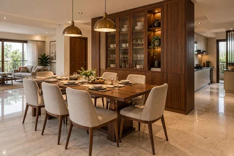 AI-generated dining-room concept: cupboard-spine dining, guest welcome meal direction