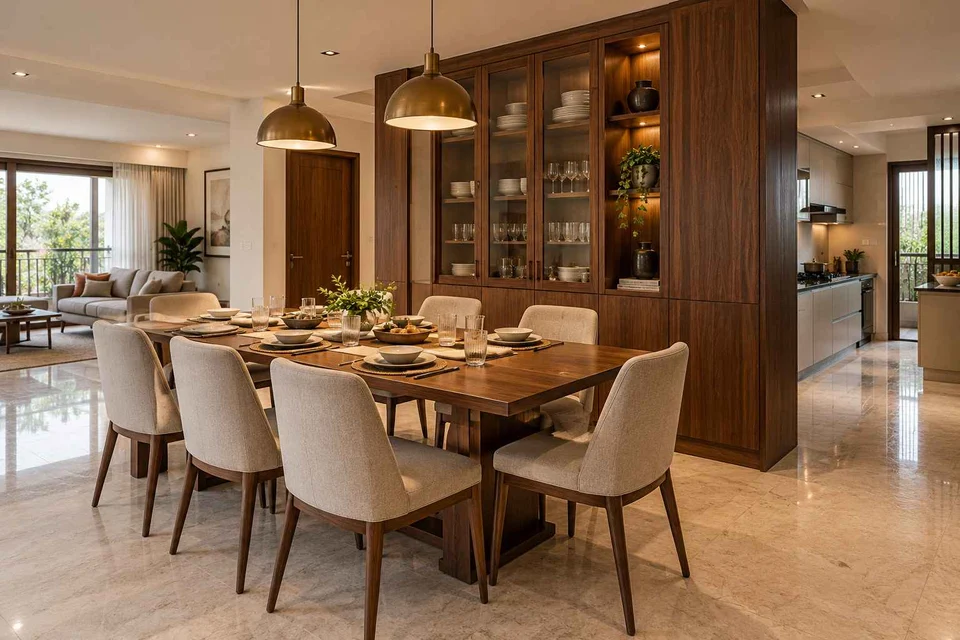 AI-generated dining-room concept: cupboard-spine dining, guest welcome meal direction