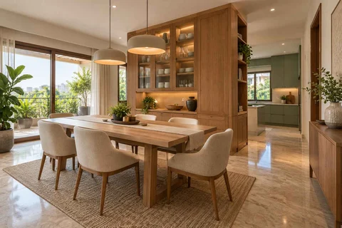 AI-generated dining-room concept: cupboard-spine dining, homegrown herb table direction